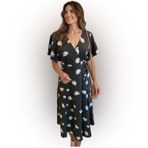 Black Floral Wrap Dress Tie Waist MIDI by Mod Ref Size Large